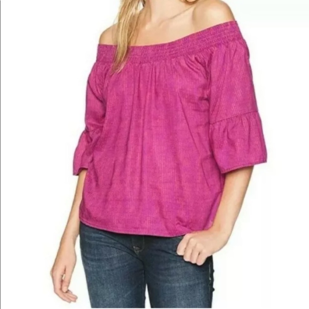 prAna Women's Chryssa Off Shoulder Ruffle Sleeve Top Purple Sprinkle Large